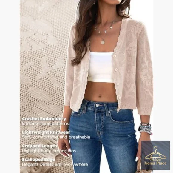 Cropped Cardigan Sweater Lightweight 3/4 Sleeve Button Down Crochet Textured - Picture 3 of 7